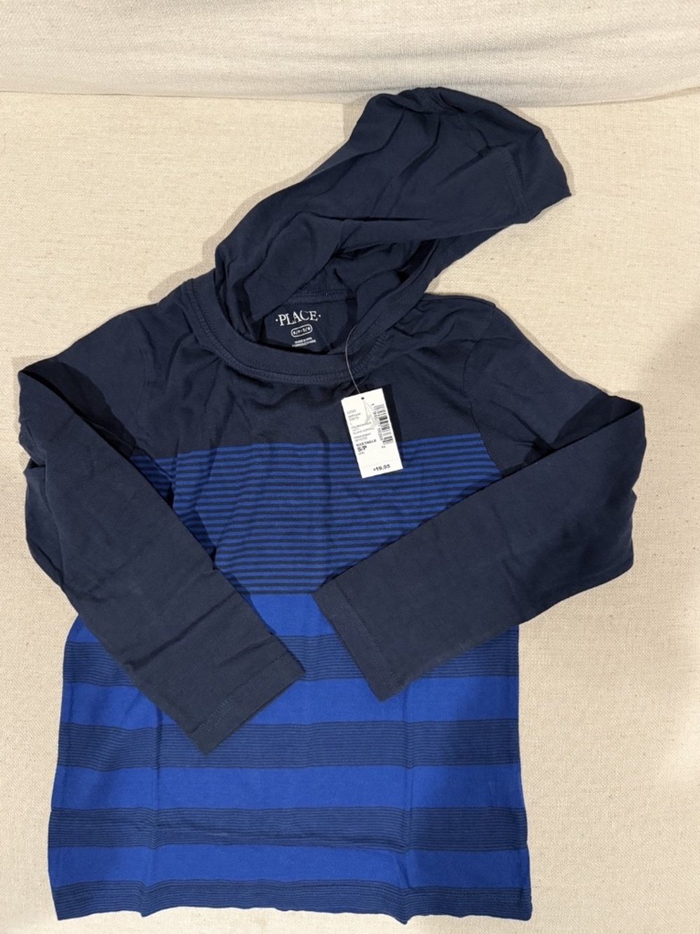NWT The Children's Place Boys Blue Striped Hooded Long Sleeve Tee Size S (5/6)
